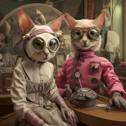 Zwei anthropomorphe Katzen, Kater und Katze, Kubrickian Synthetic