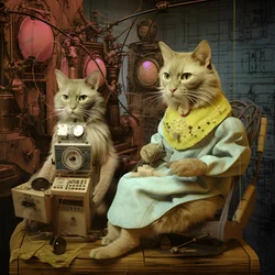 Zwei anthropomorphe Katzen, Kater und Katze, Kubrickian Synthetic