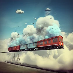 Ein schnell fahrender Social-Media-Zug, der durch die Wolken fliegt und an einem Faden hängt 3