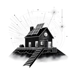 Illustration eines Hauses mit Solarpanelen, mit einem großen Pfeil dahinter, der nach rechts und oben zeigt