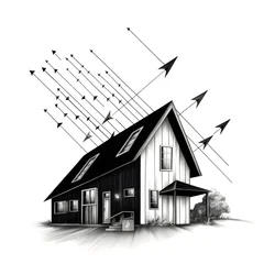 Illustration eines Hauses mit Solarpanelen, mit einem großen Pfeil dahinter, der nach rechts und oben zeigt