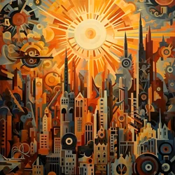 Zahnräder und Werkzeuge abstrakter Sonnenaufgang 1950er 1