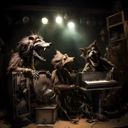 Gruselige, haarige, kaputte Tier-Animatronik, die Musik auf einer Bühne spielt 3