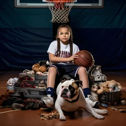 Ein 10-jähriges Mädchen sitzt wartend mit ihrem Hund am Boden und hält einen Ordner mit einem Bild