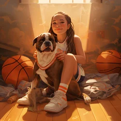 Ein 10-jähriges Mädchen sitzt wartend mit ihrem Hund am Boden und hält einen Ordner mit einem Bild