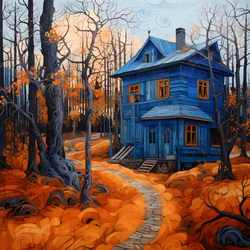 ein blaues Haus in einem orangefarbenen Wald