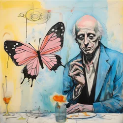 Ein originales Aquarell eines Engels, der einen Schmetterling hält