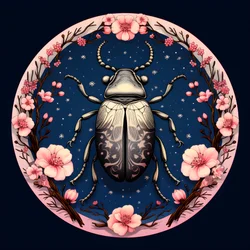 Illustration eines Käfers mit Pilzen im Hintergrund