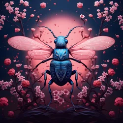 Illustration eines Käfers mit Pilzen im Hintergrund