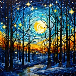 Eine Szene aus dem verschneiten Wald mit Sternen 2