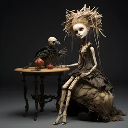 Eine große Puppe auf einem Tisch mit einem Skelett darauf