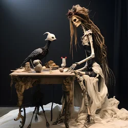 Eine große Puppe auf einem Tisch mit einem Skelett darauf