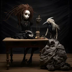 Eine große Puppe auf einem Tisch mit einem Skelett darauf