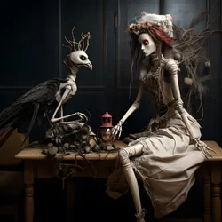 Eine große Puppe auf einem Tisch mit einem Skelett darauf