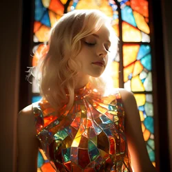 hübsches blondes Mädchen im Alter von 14 Jahren trägt ein buntes Tiffany-Glasmalereikleid 4