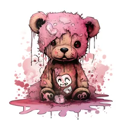 Rosafarbener Unisex-Teddy mit einem braunen Tattoo auf der Stirn 1
