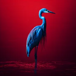 Synthwave digitale Kunst eines exotischen kobaltblauen Reihers auf rotem Papier