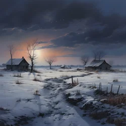 Verschneite Landschaft. Ein medialer Bauernhof