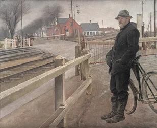 Warten auf den Zug. Bahnübergang an der Roskilde-Straße