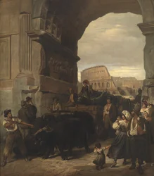 Römische Arbeiter transportieren eine antike Kaiserstatue vom Kolosseum durch den Titusbogen zu den Kapitolinischen Museen