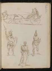 Studie einer von Pferden gezogenen Kutsche mit drei Insassen, drei Studien von griechisch-römischen Kriegern mit Waffen und Schilden (Feder und Tinte)