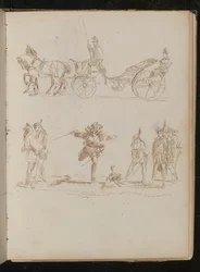 Offizier in voller Uniform mit Zylinder und Epauletten in einer pferdegezogenen Kutsche reitend, Studie von sechs mediterranen Soldaten und einem Hund