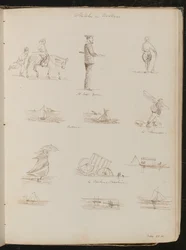 Studien von Kindern, ein Matrose beschriftet "Eine Küstenwache", sechs Studien von Booten beschriftet "Kutter", ein Shrimper, eine Frau mit einem Sonnenschirm, datiert "27. Mai 1861"