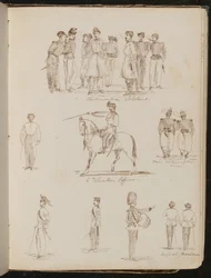 Studien von acht Soldaten beschriftet "Piemontesische Soldaten", "ein Freiwilligenoffizier", zwei "Französische Soldaten an der Linie"