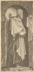 St. Jakobus Minor in einer bogenförmigen Nische, einen Wanderstock in den Händen haltend, 1545