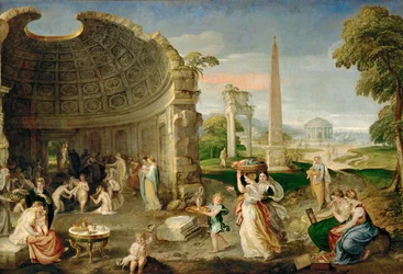 Landschaft mit antiken Ruinen und badenden Frauen
