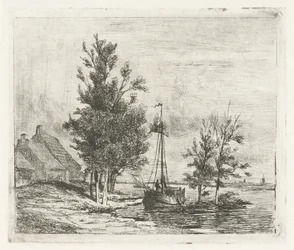 Flusslandschaft mit Segelschiff und Bauernhof