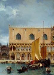 Maritimer Handel vor dem Dogenpalast. Detail der Ansicht eines Teils des Dogenpalastes und der Piazzetta in Venedig