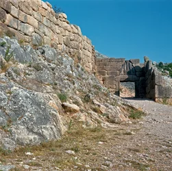 Das Löwentor: Stätte der antiken Stadt Mykene, Peloponnes (1500-1100 v. Chr.) Griechenland