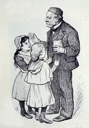 Porträt von Louis Pasteur (1822-1895), französischer Chemiker und Physiker, der den Kindern des Instituts Süßigkeiten gibt. Skizze von Lucien Laurent-Gsell (1860-1944)