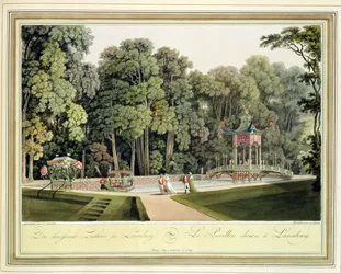 Der chinesische Pavillon in den Laxenburg-Gärten, Wien, graviert von Johann Ziegler