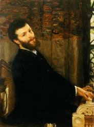 Porträt des Sängers George Henschel, der Alma-Tademas Klavier spielt, Townshend House, 1879