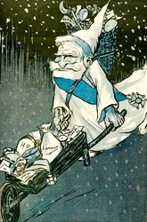 Weihnachten für große Kinder - Der französische Präsident Emile Loubet als Weihnachtsmann verkleidet mit einer Schubkarre voller Geschenke für die Erwachsenen. 1905.