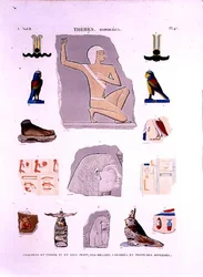 Illustrationen von bemalten Reliefs auf Stein- und Holzfragmenten Hypogees, Theben, Tafel 47 aus Band II von 