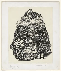 Berglandschaft mit Bäumen und Vieh