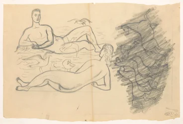 Nackter Mann und Frau am Strand, umgeben von Möwen