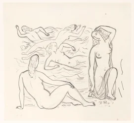 Fünf nackte Frauen, in der Brandung oder am Strand