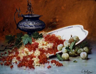 Stillleben mit roten und weißen Johannisbeeren und Reineclauden