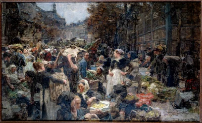 Die Hallen. Die Menge des Marktes Les Halles in Paris im 19. Jahrhundert. Skizze von Leon Augustin Lhermitte (1844-1925)
