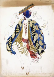 Kostümentwurf für einen männlichen Tänzer in "Danse Juive", der Knickerbocker und einen Turban trägt und ein Tamburin spielt