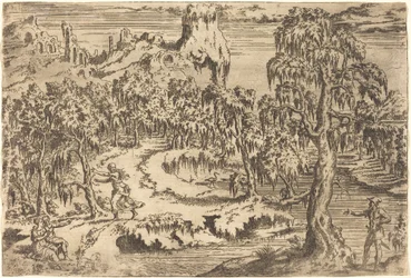 Landschaft mit einer Frau, die vor einem Soldaten flieht
