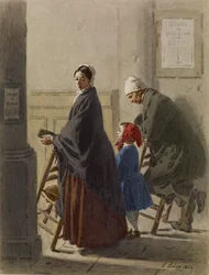Mann, Frau und Mädchen beim Gebet in der Kirche, 1864