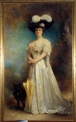 Ganzkörperporträt von Madame Maurice Pascal und ihrem Hund Tiny. Gemälde von Leon Joseph Bonnat (1833-1922) 1905. Pau, Musée des Beaux Arts
