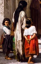 Junge Frau, die am Eingang der Kapelle des San Sebastian Krankenhauses in Córdoba Almosen gibt (Detail)