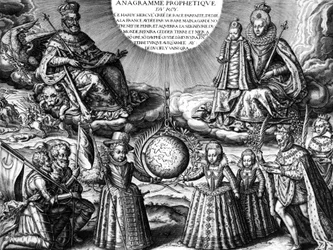 Französische Königsfamilie im Jahr 1607 (Propaganda): Französischer König Henri IV und seine Frau Königin Marie de Medicis halten ihre Tochter Christine; unten: ihre anderen Kinder: der zukünftige Ludwig XIII, Elisabeth und Henriette-Marie. Rechts: der Kön