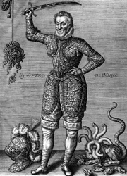 Henri IV (1553-1610) französischer König von 1589-1610, hier in Rüstung, ein Schwert haltend, als Rächer der Ungerechtigkeiten, Gravur von Leonard Gaultier